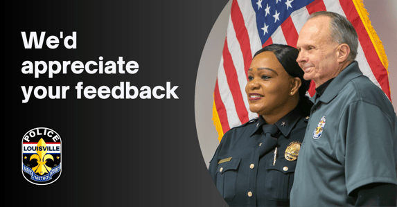 Image with police officer and community member with text overlaid, "We'd appreciate your feedback" and LMPD logo