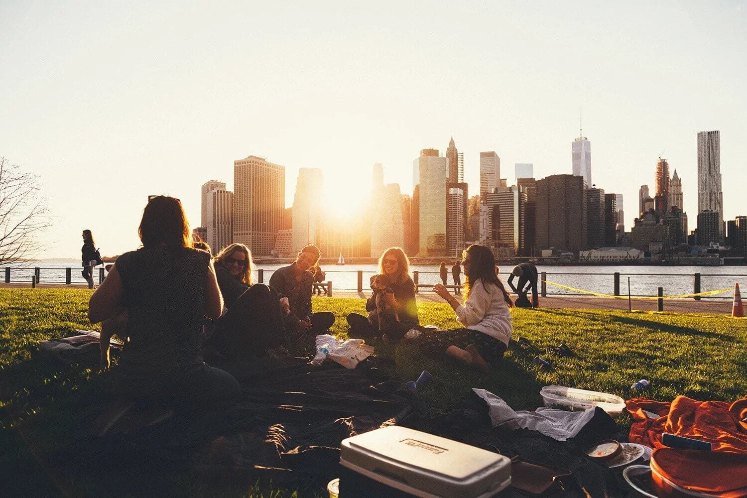 People sitting in grass with skyline behind them